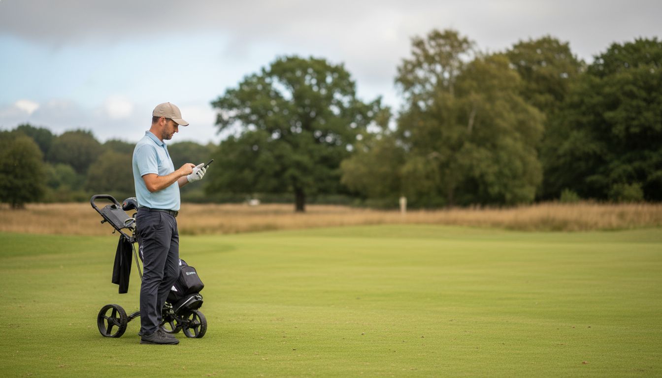 A solo golfer on a parkland fairway checking their phone for the next round
