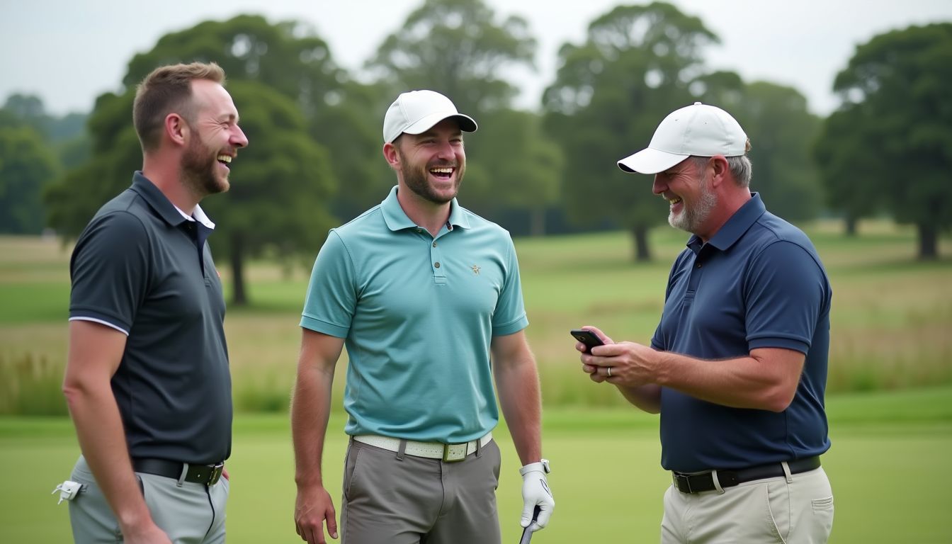 Three friends laughing on a parkland tee box, one checking a phone