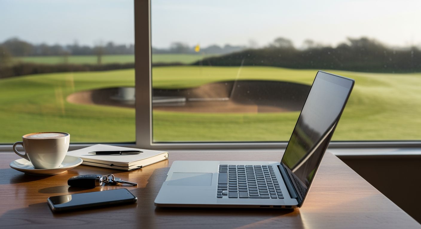 Laptop open on a clubhouse table by a window looking out onto a fairway