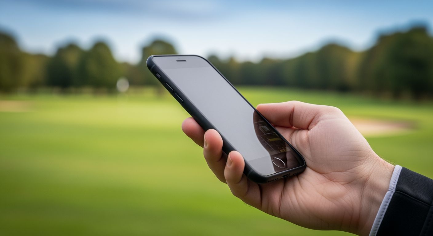 A hand holding a phone with a parkland golf course blurred in the background