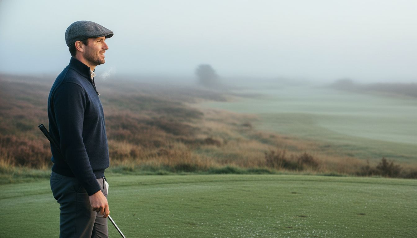 A solo golfer in a flat cap on a foggy links course at first light